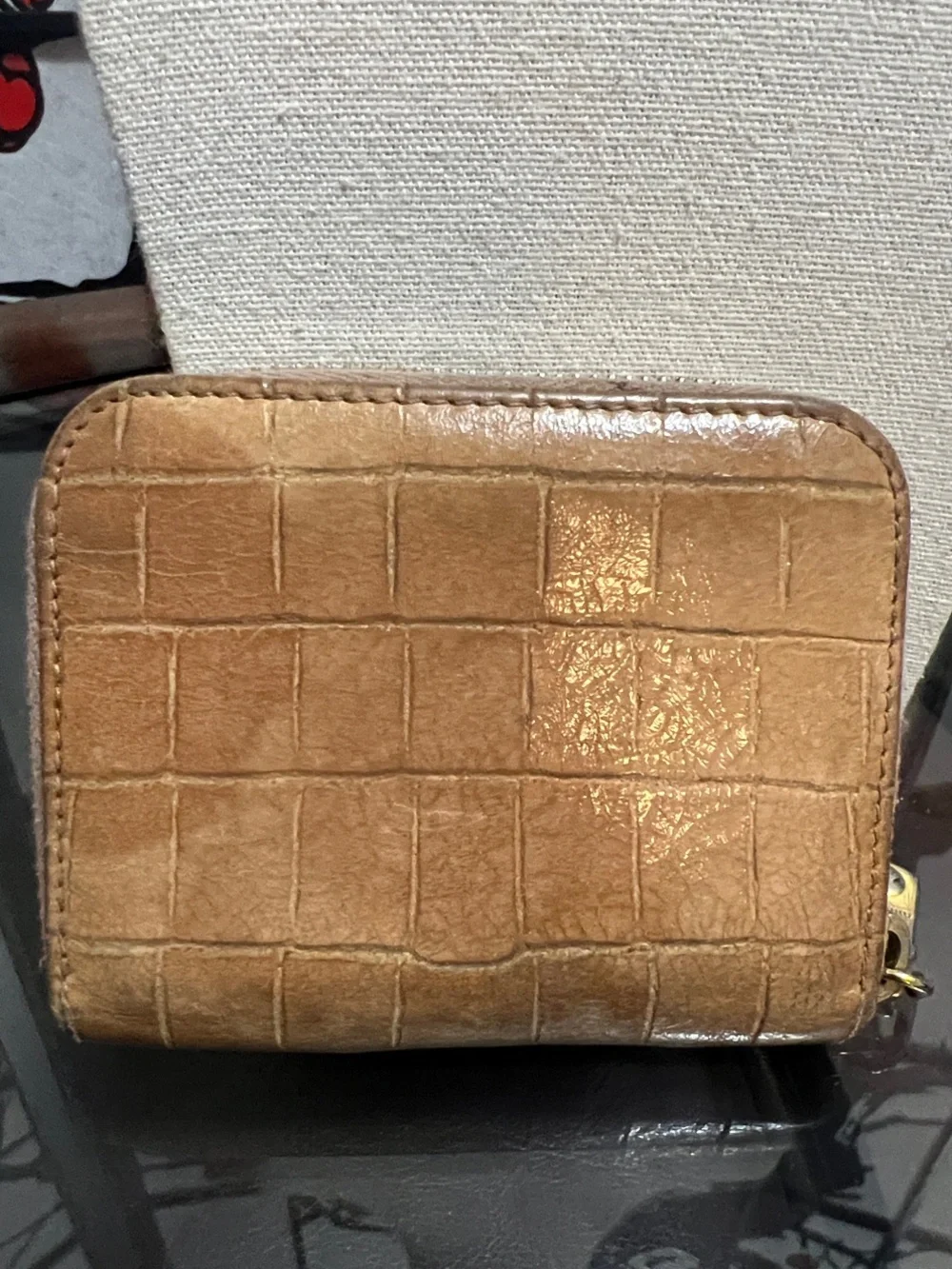 Miu Miu Croc-Embossed Tan Leather Zip Wallet with Gold Logo